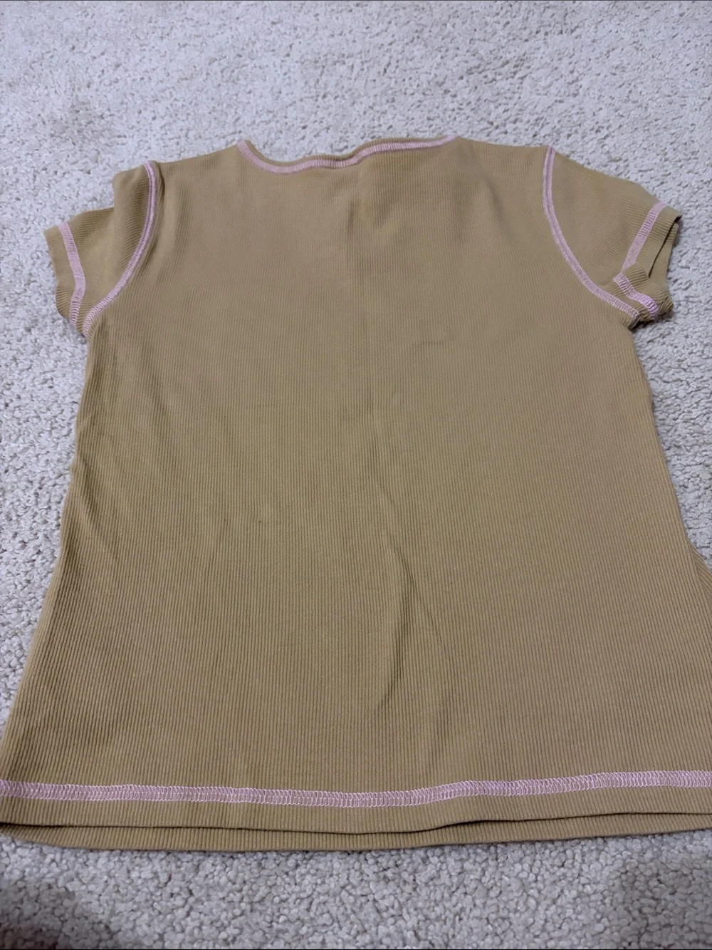 Old Navy Tan Short Sleeve Ribbed Tee with Pink Contrast and Daisy Graphic